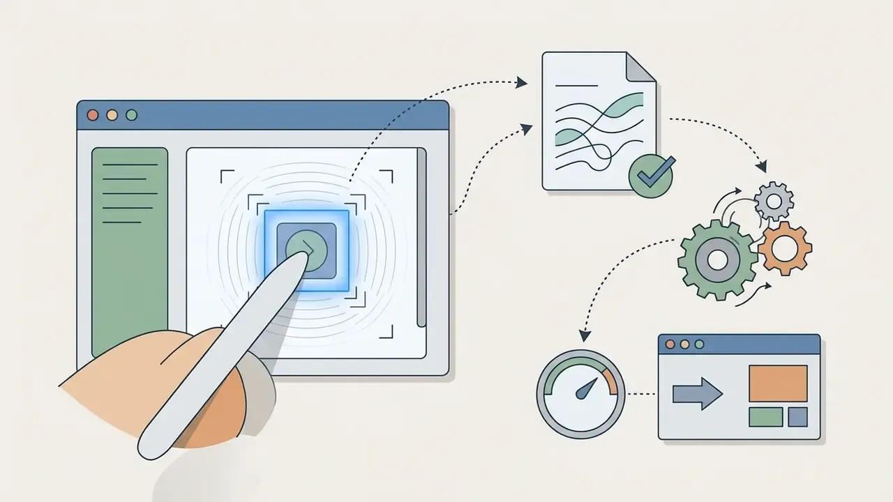 Hand using a stylus to select a touch target on a screen, triggering document processing and workflows