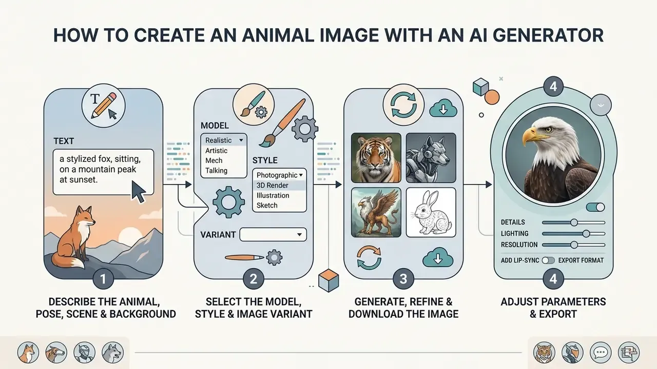 Four step workflow diagram for using an AI animal generator to create and export custom images