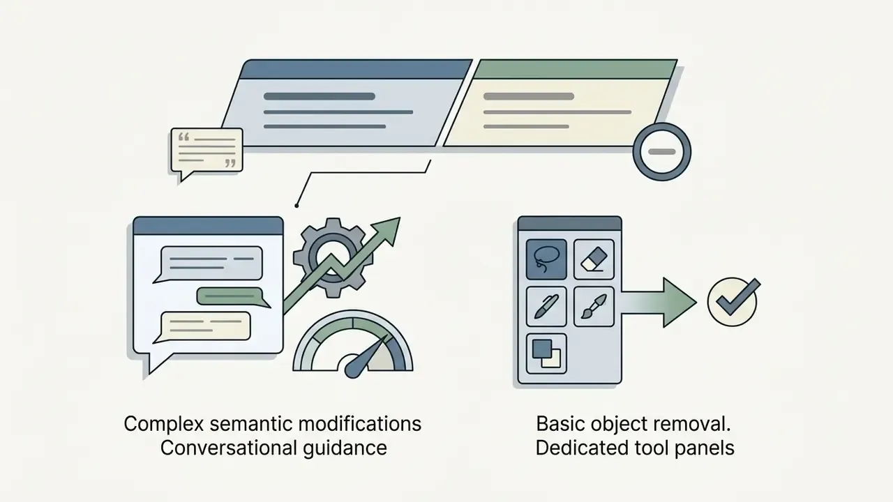 Two workflows showing conversational guidance for semantic edits versus tool panels for object removal