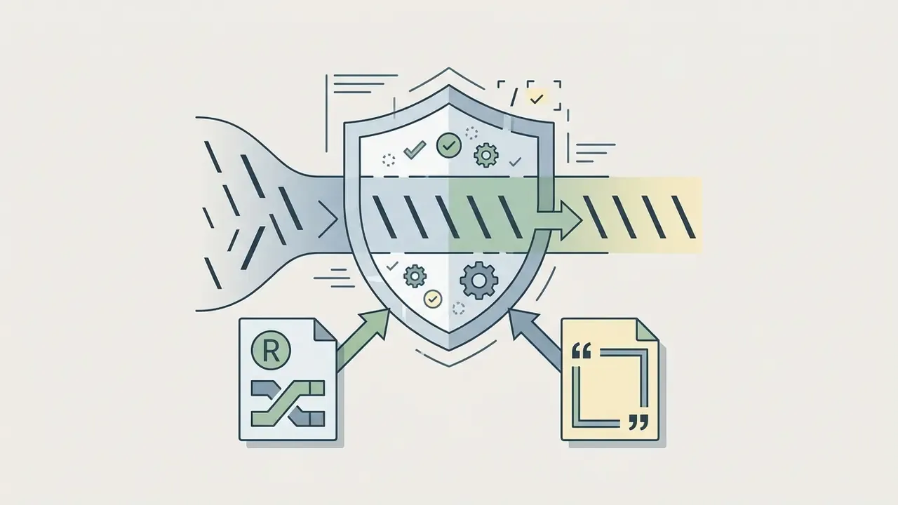 Shield icon protecting a data stream of backslashes fed by raw string and quoted heredoc symbols