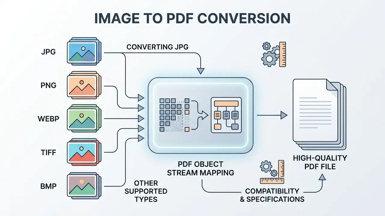 Diagram showing how to make an image a PDF by mapping various raster file formats into a PDF object stream