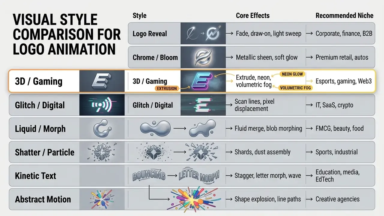 Table mapping visual animation styles to their core effects and recommended industry niches