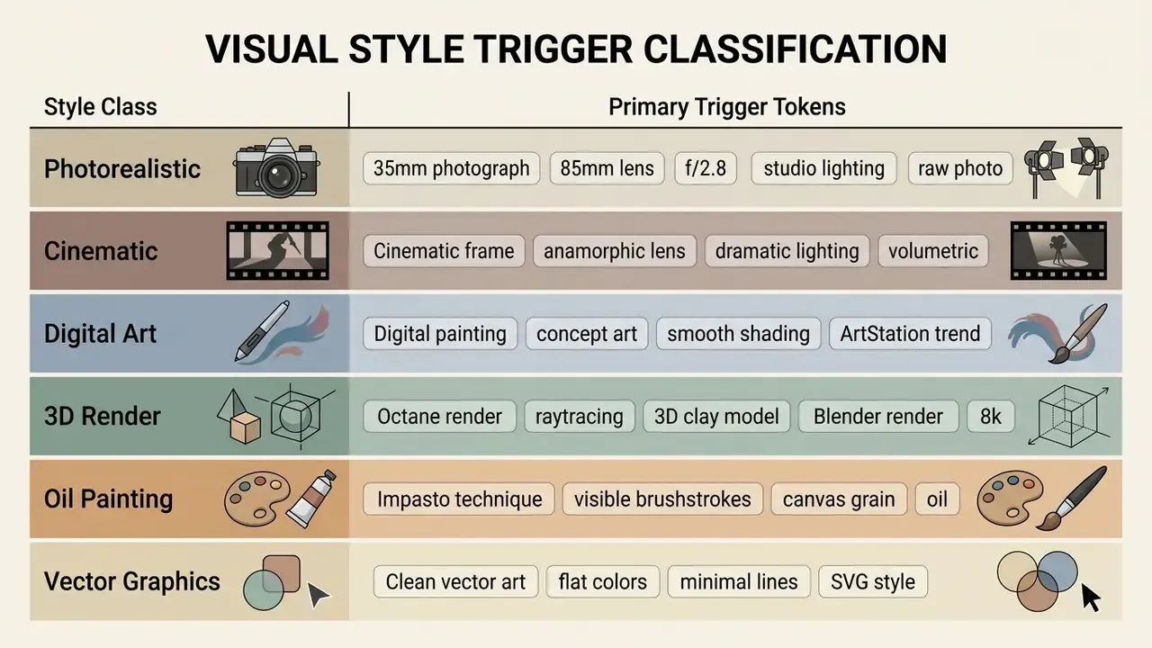 Table mapping visual style categories to their corresponding prompt keywords and descriptive icons