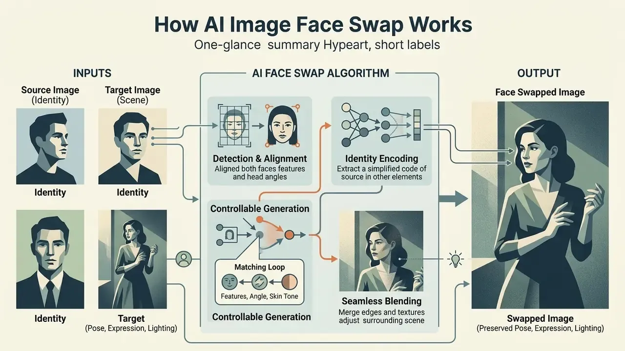Flowchart detailing the AI image face swap process from source and target inputs to a final blended output