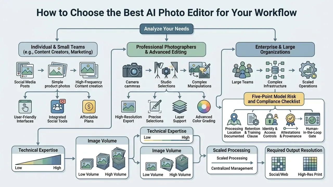 Decision tree mapping AI photo editor selection based on user type, technical expertise, and risk compliance