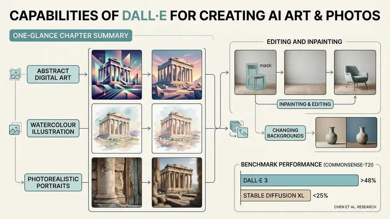 Visual summary of DALL-E image styles, editing techniques like inpainting, and performance benchmarks