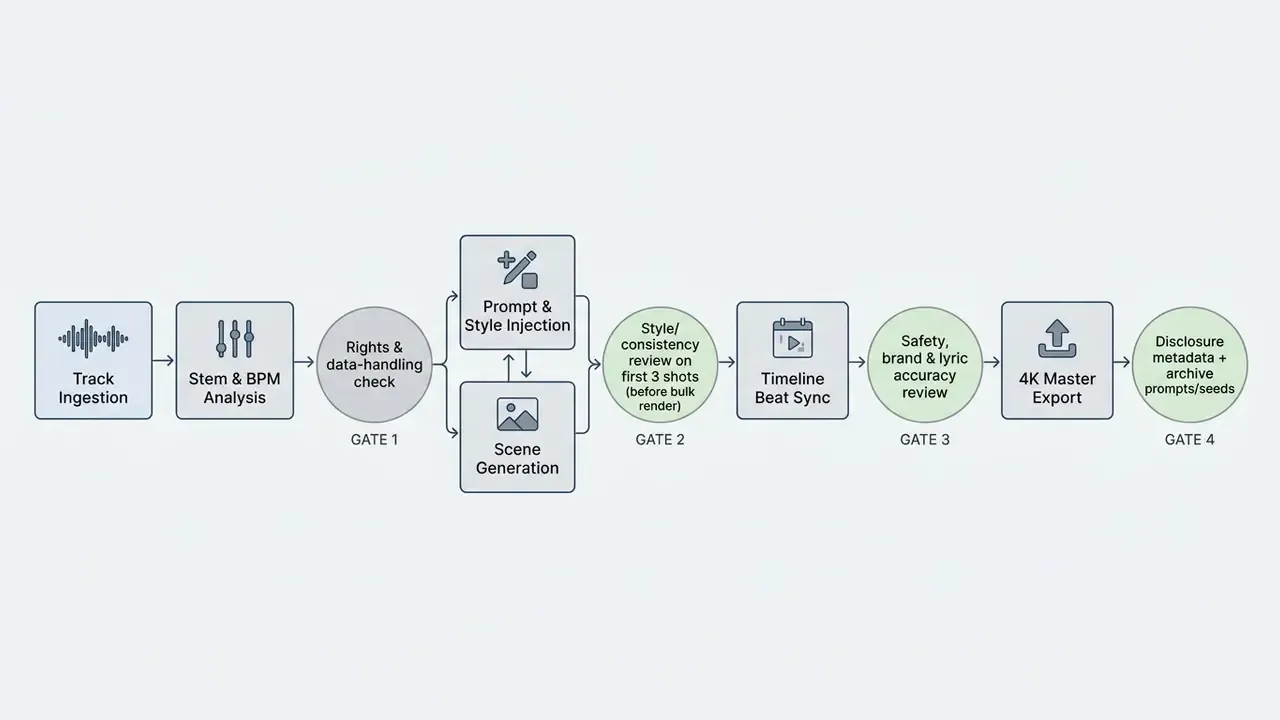 Process map showing the technical steps and quality control gates for an AI music video generator