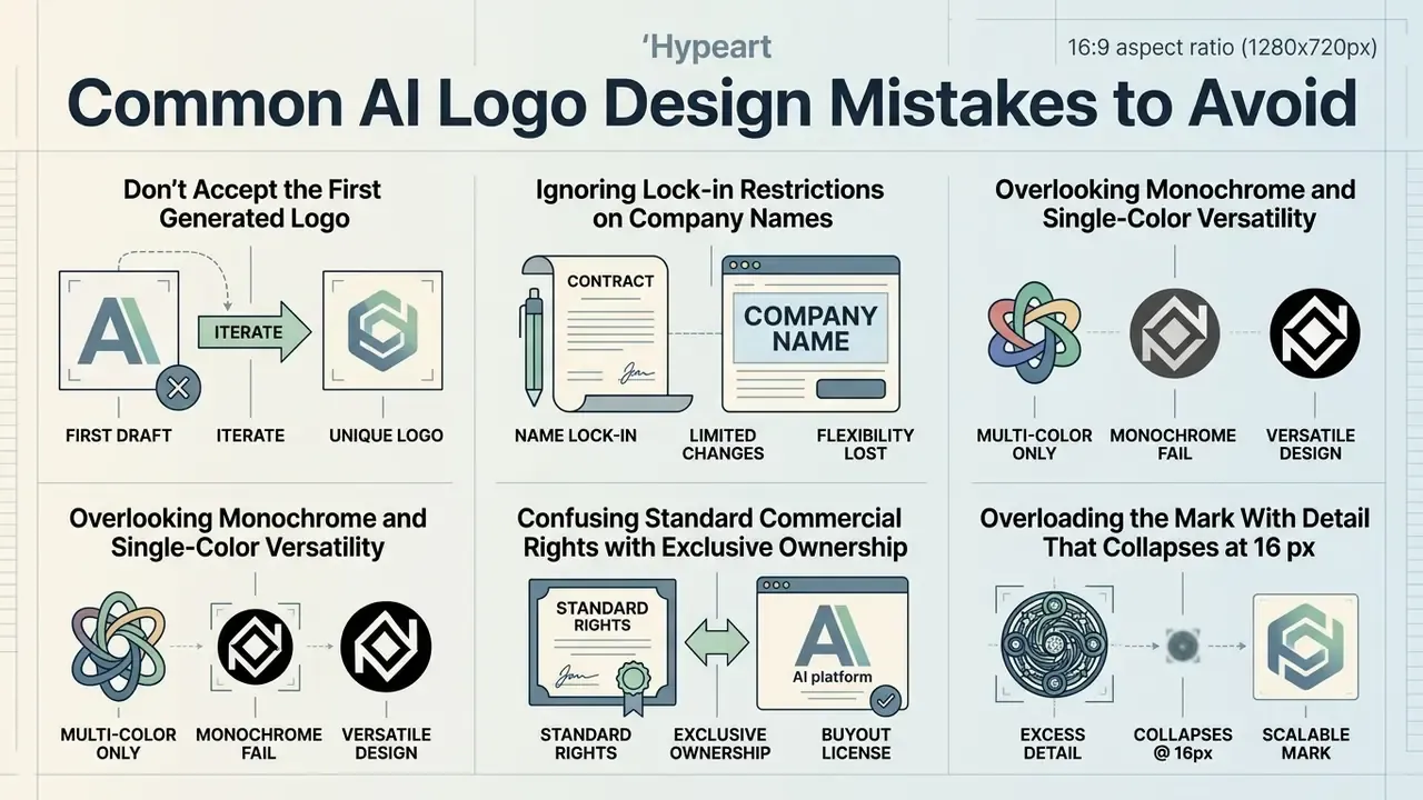 Infographic showing five common pitfalls when using an AI logo generator for brand identity design