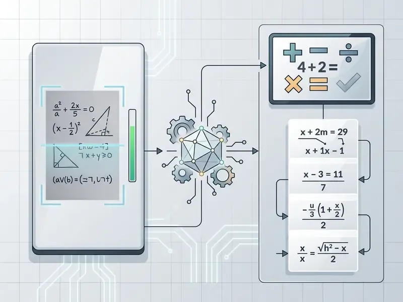 Smartphone scanning math equations that are processed by a central AI core into step-by-step solutions