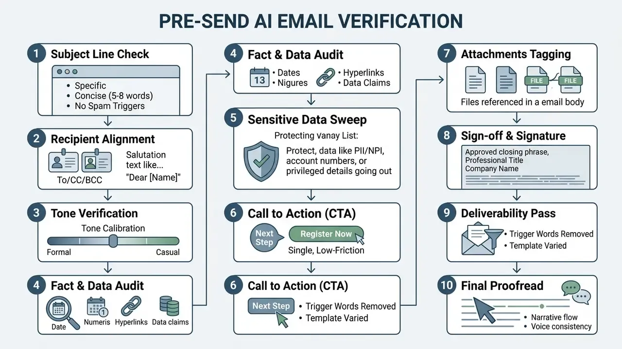 Ten step checklist for verifying email content before sending to ensure accuracy and professional tone