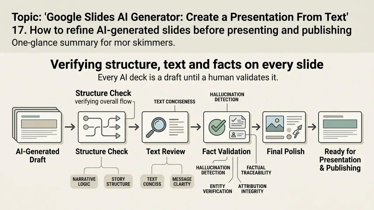 Workflow showing human validation steps for refining AI-generated slide decks before final publication