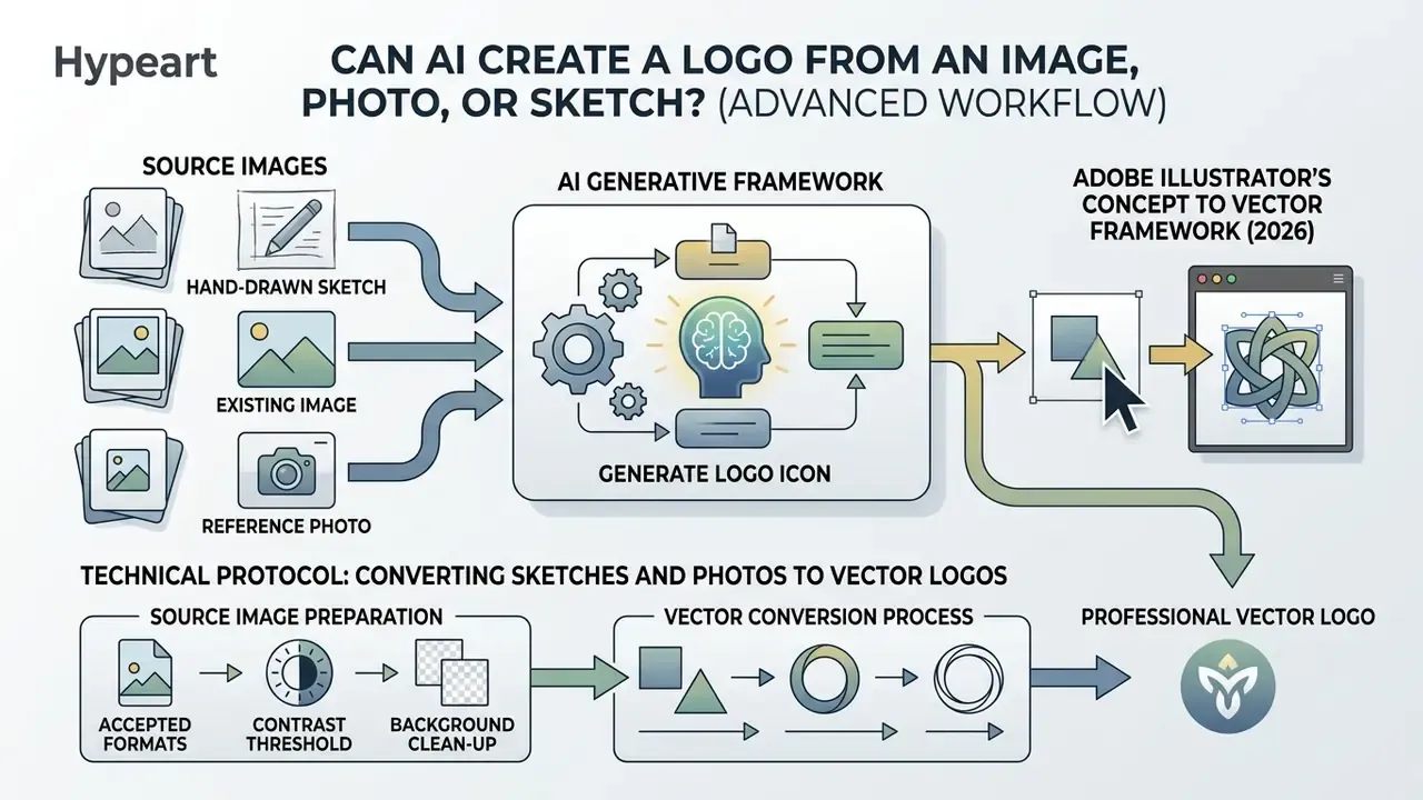 Diagram showing how an AI logo generator processes sketches and photos into professional vector icons