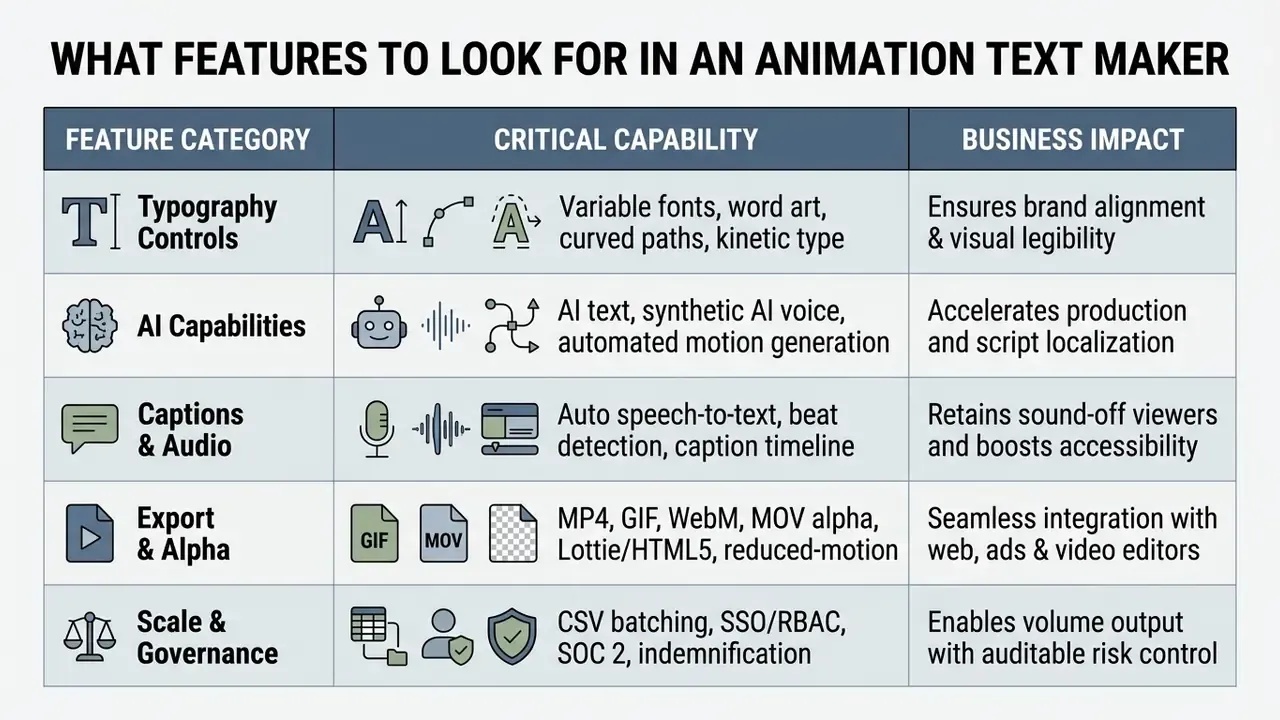 Comparison table listing categories, critical capabilities, and business impacts for motion graphics tools