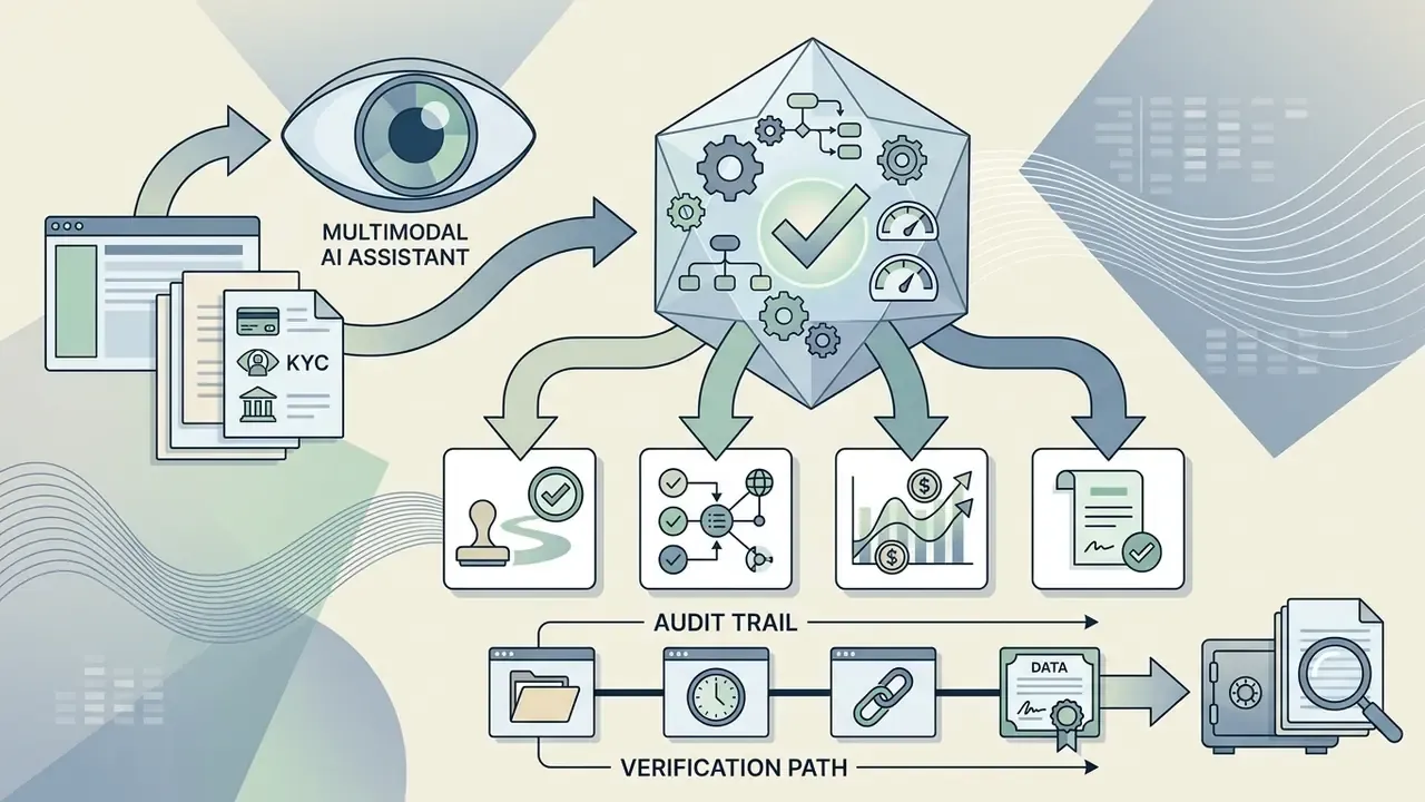 Multimodal assistant processing KYC documents into a central hub that outputs verified audit trails