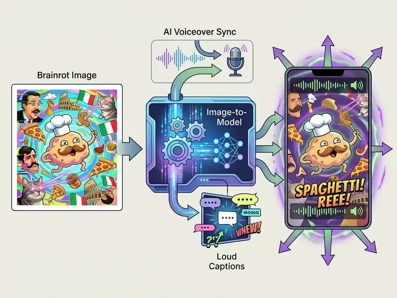 Diagram showing the transformation of a static digital image into a vertical video with audio and captions