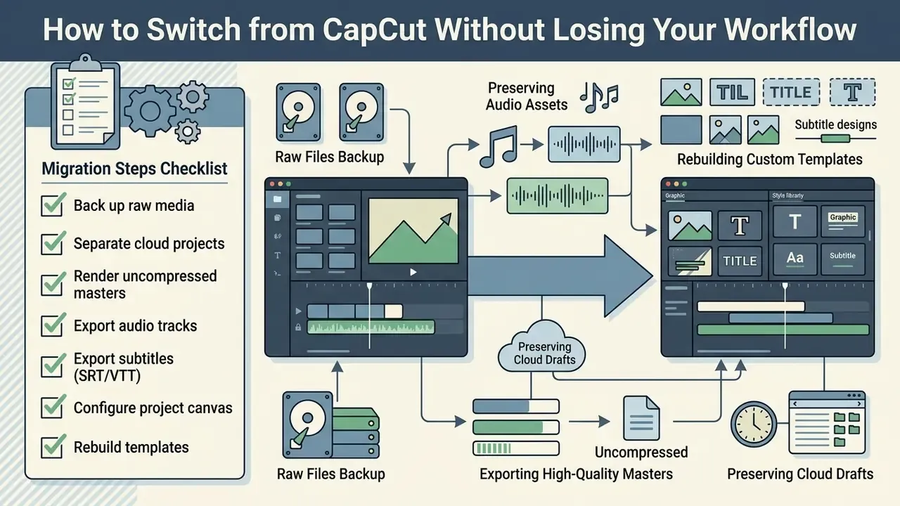 Checklist and workflow diagram showing steps to export and migrate video project assets between editors
