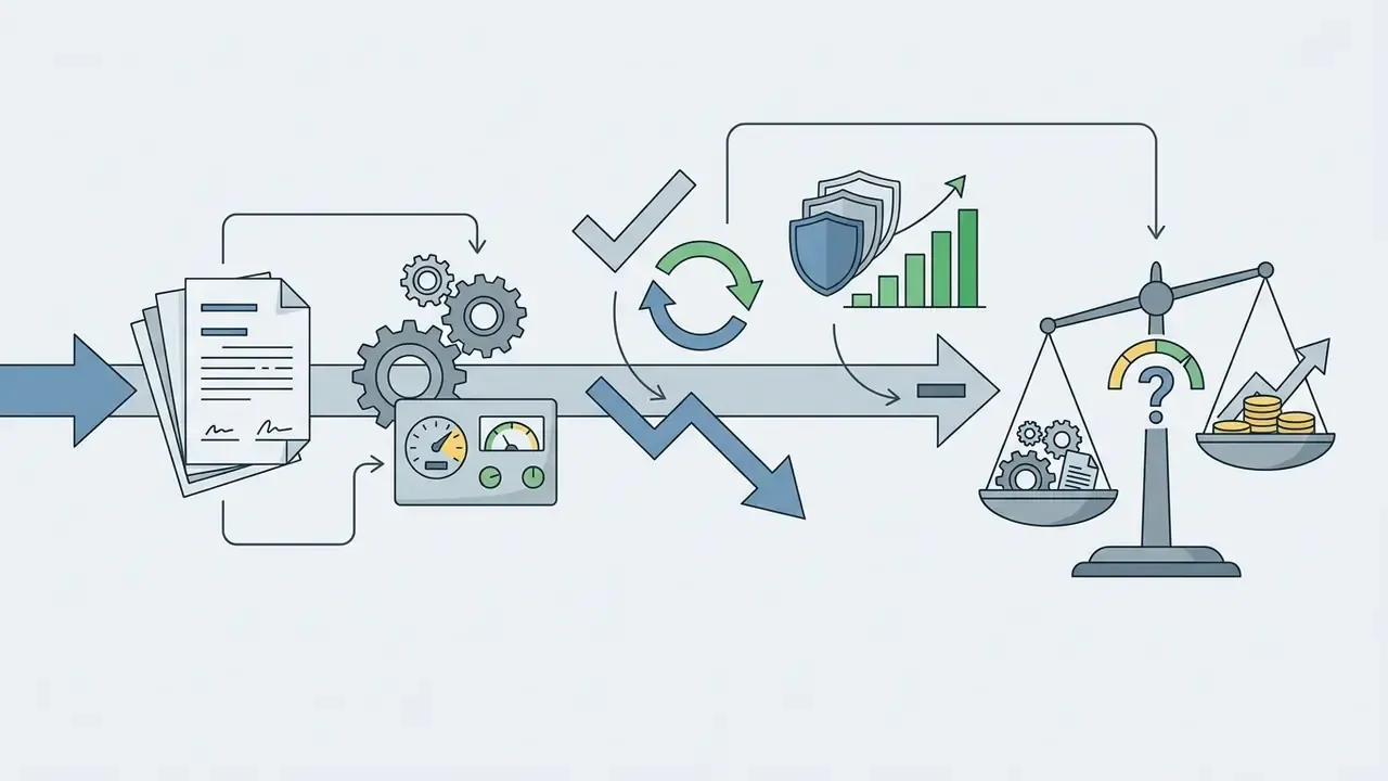 Documents and gears flowing toward a balance scale weighing operational costs against growth and security