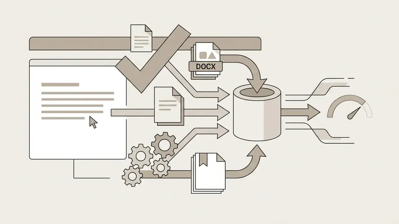 Computer screen and document icons feeding text data into a central processor for conversion