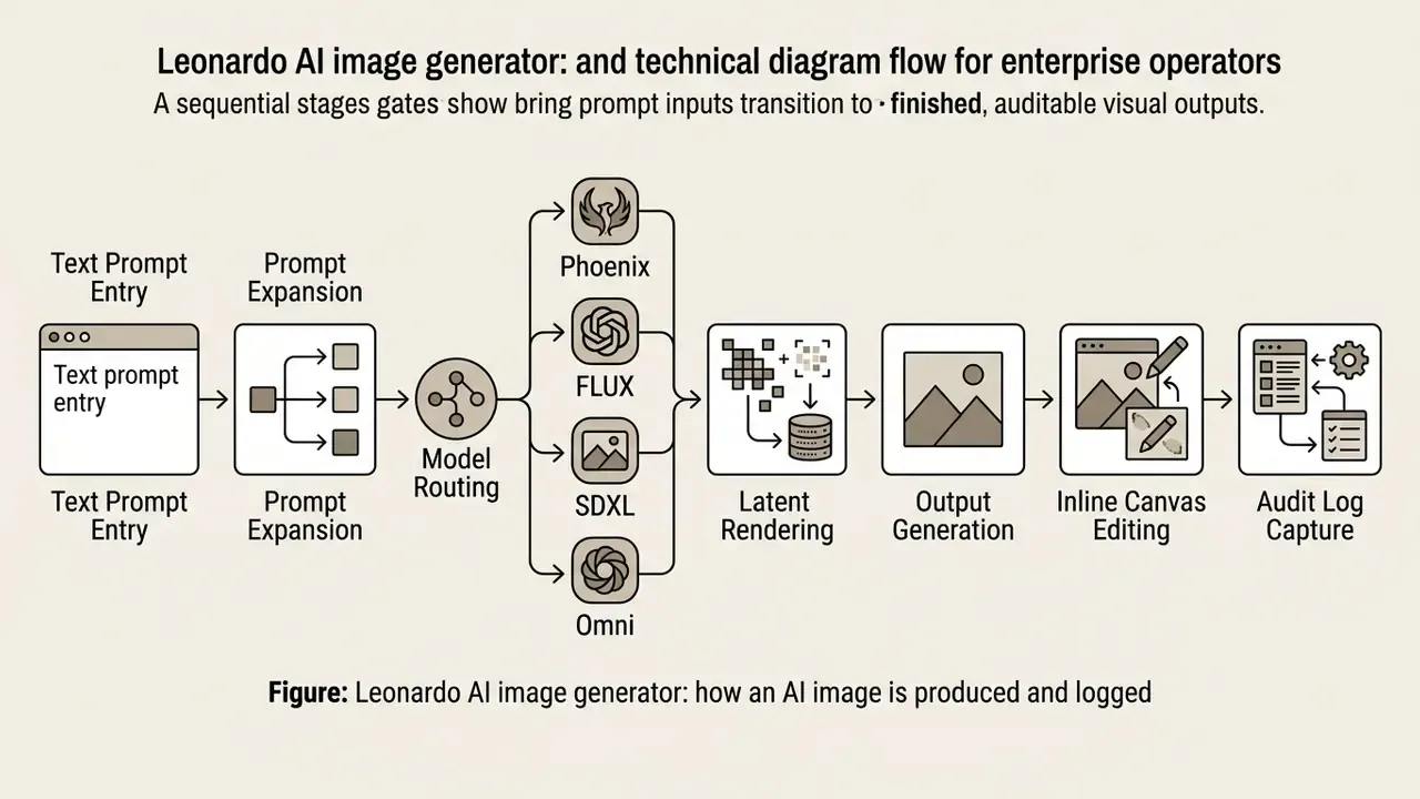 Sequential flowchart mapping the Leonardo AI pipeline from prompt entry to final audit log capture