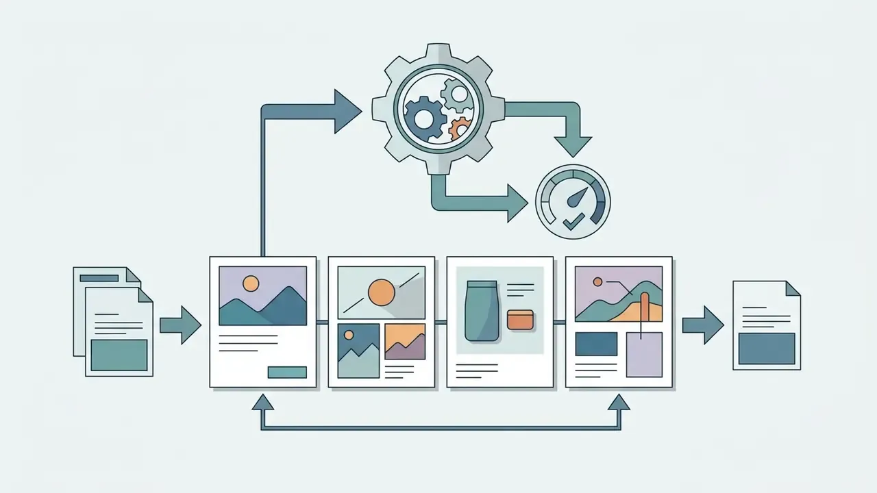 Series of document icons flowing through a gear and gauge system to produce visual mood board layouts