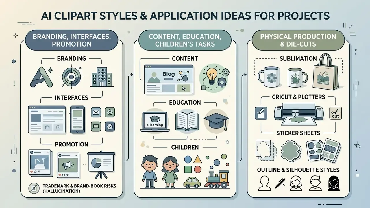 Three-column infographic detailing design use cases for branding, educational content, and physical production