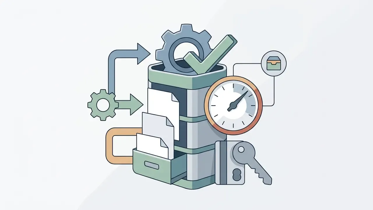 Filing cabinet with documents, a clock, and a key representing data retention and access controls