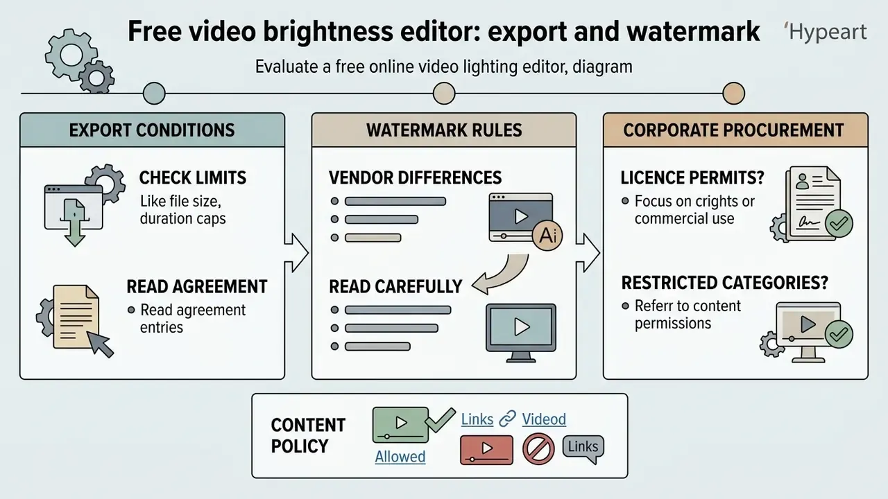 Infographic outlining export conditions, watermark rules, and corporate procurement for video software