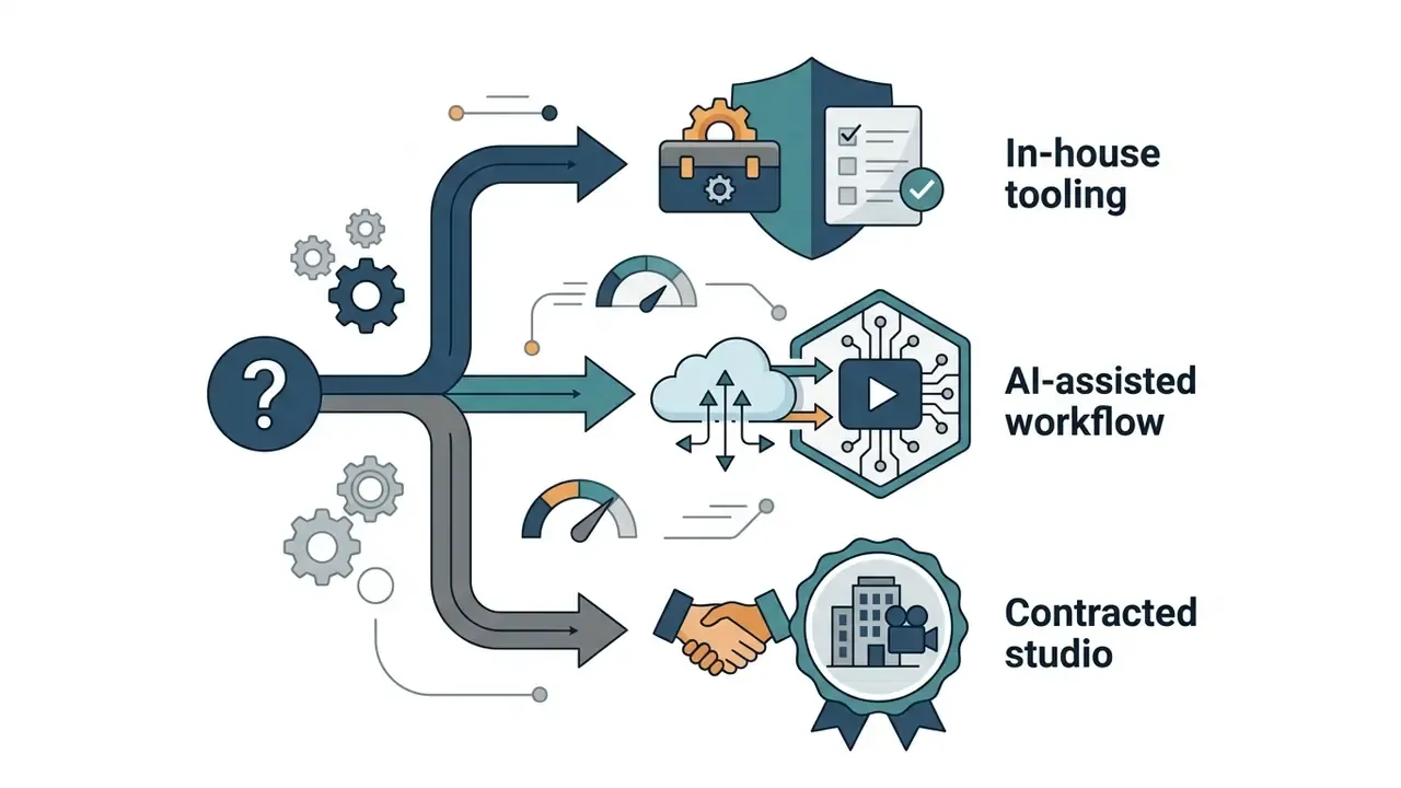 Three branching paths leading to icons representing in-house tools, AI workflows, and external studios