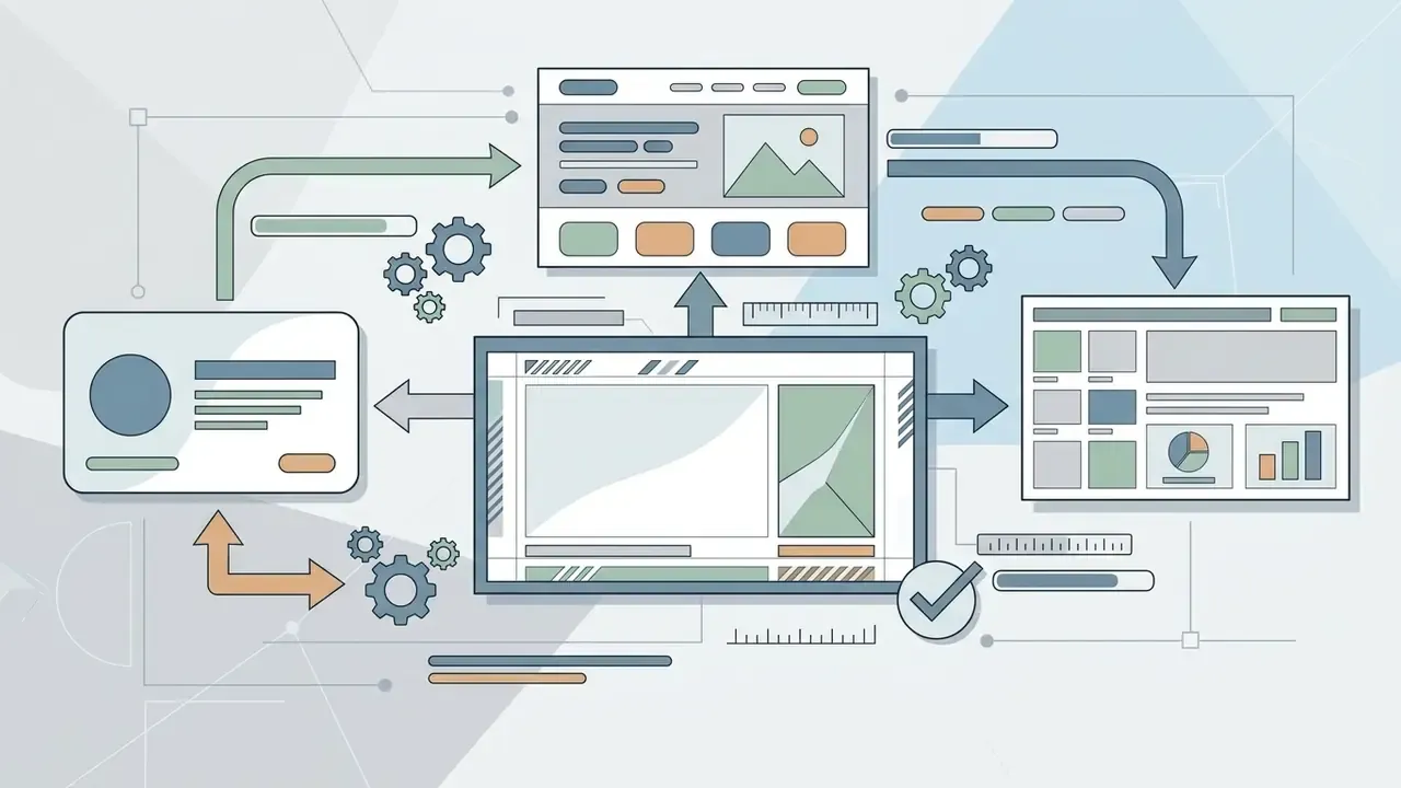 Central screen frame linked to various interface layouts by arrows and gears representing workflow