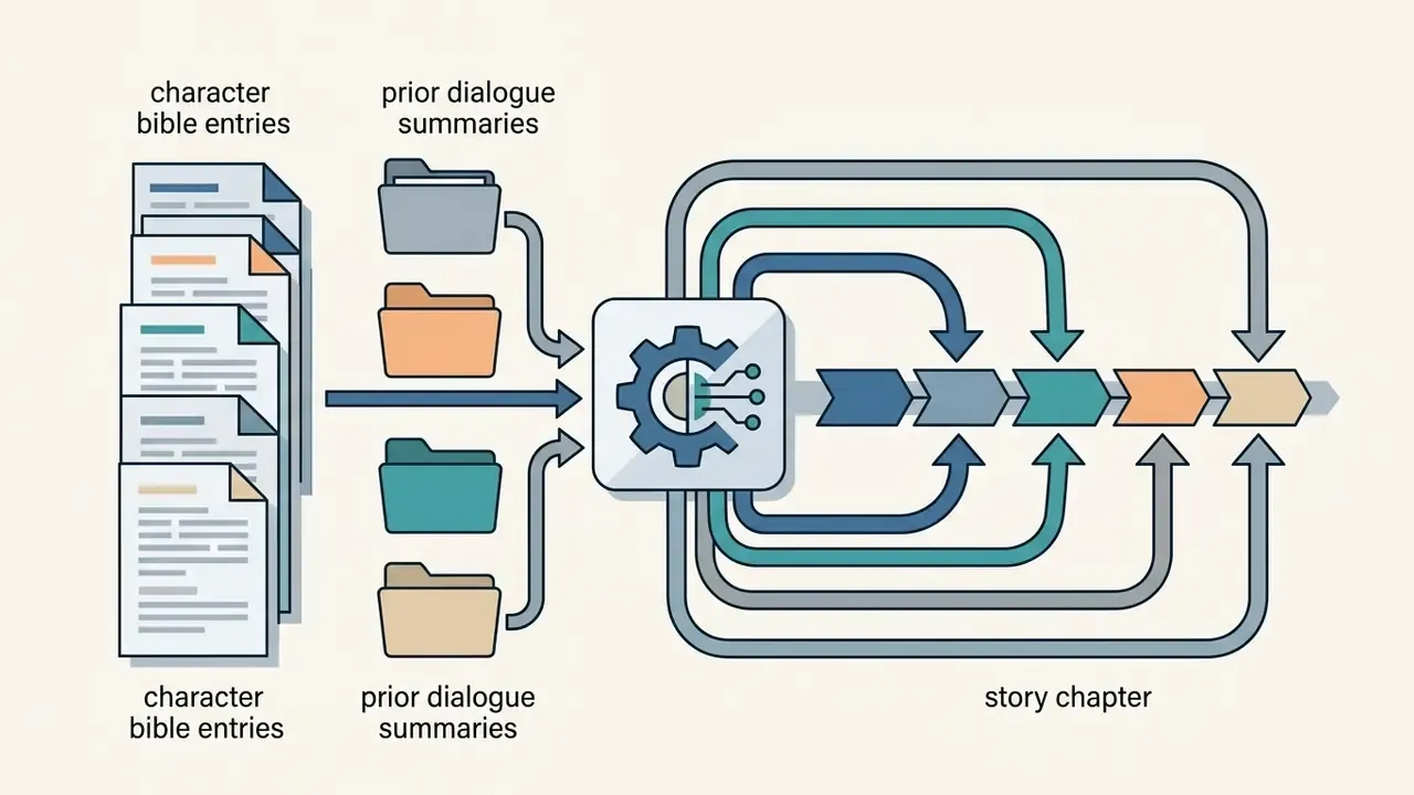 Character bible entries and dialogue summaries feeding into a central gear mechanism for chapter creation