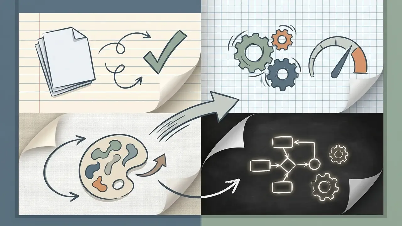 Lined and grid paper backgrounds featuring sketches of documents, gears, a paint palette, and a flowchart