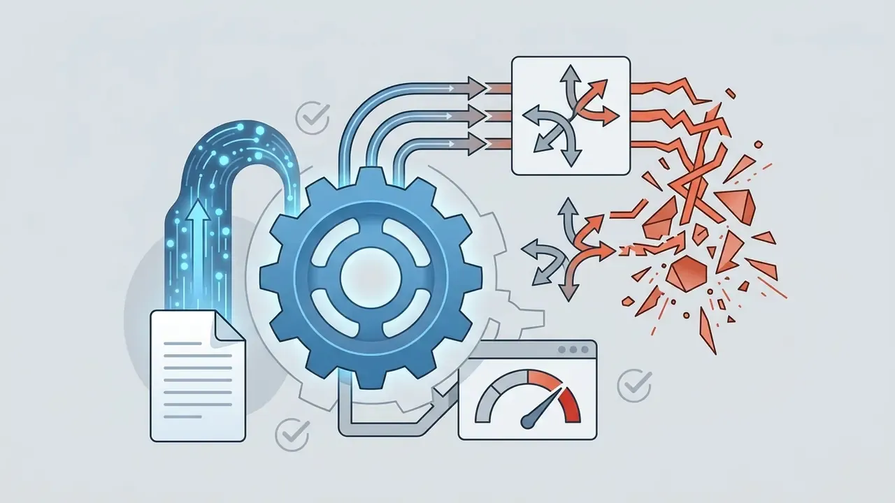 Data flowing through a gear mechanism and diverging into stable paths or fragmented, broken structures