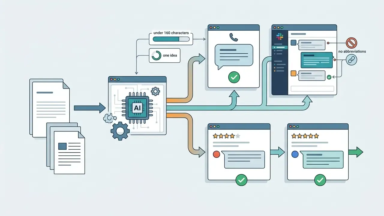 Process flow showing documents being converted into concise mobile messages and public business reviews