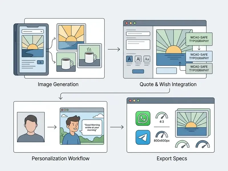 Flowchart illustrating the process of generating, customizing, and exporting digital morning quote cards