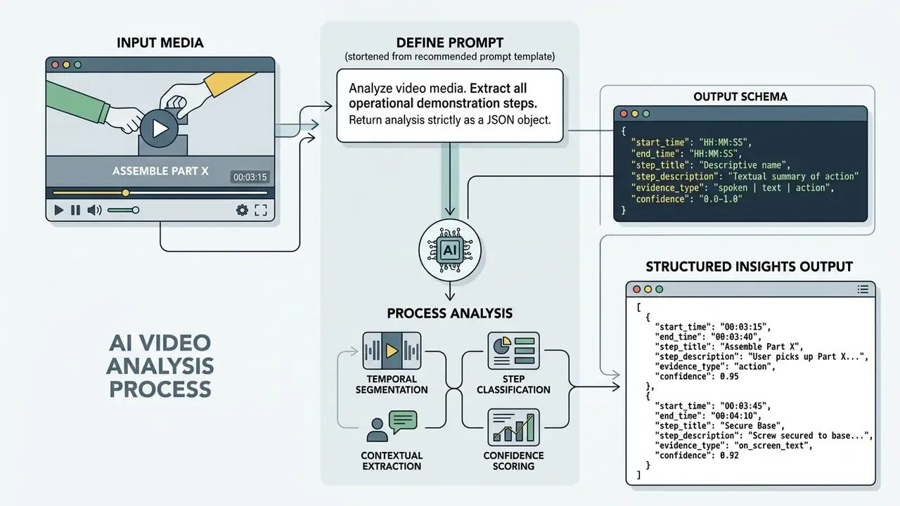 Workflow showing video input processed through a prompt template into a structured JSON output format