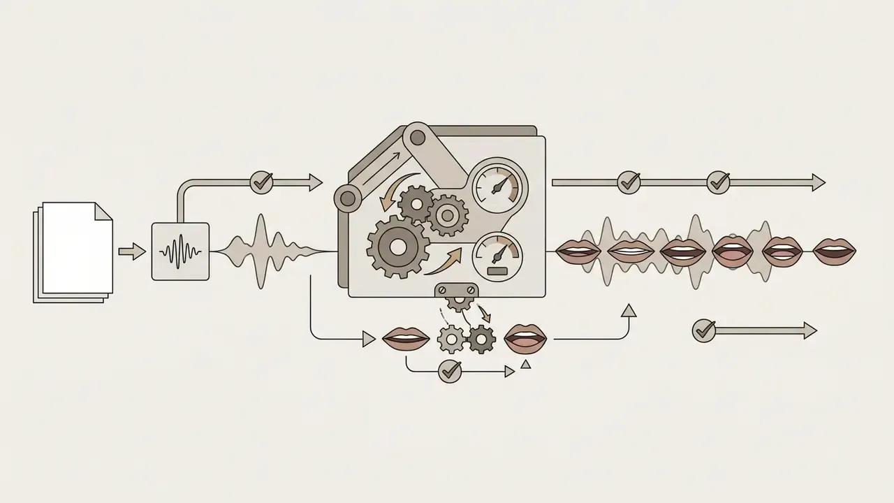 Document and audio inputs processing through a mechanical engine to synchronize speech with mouth movements