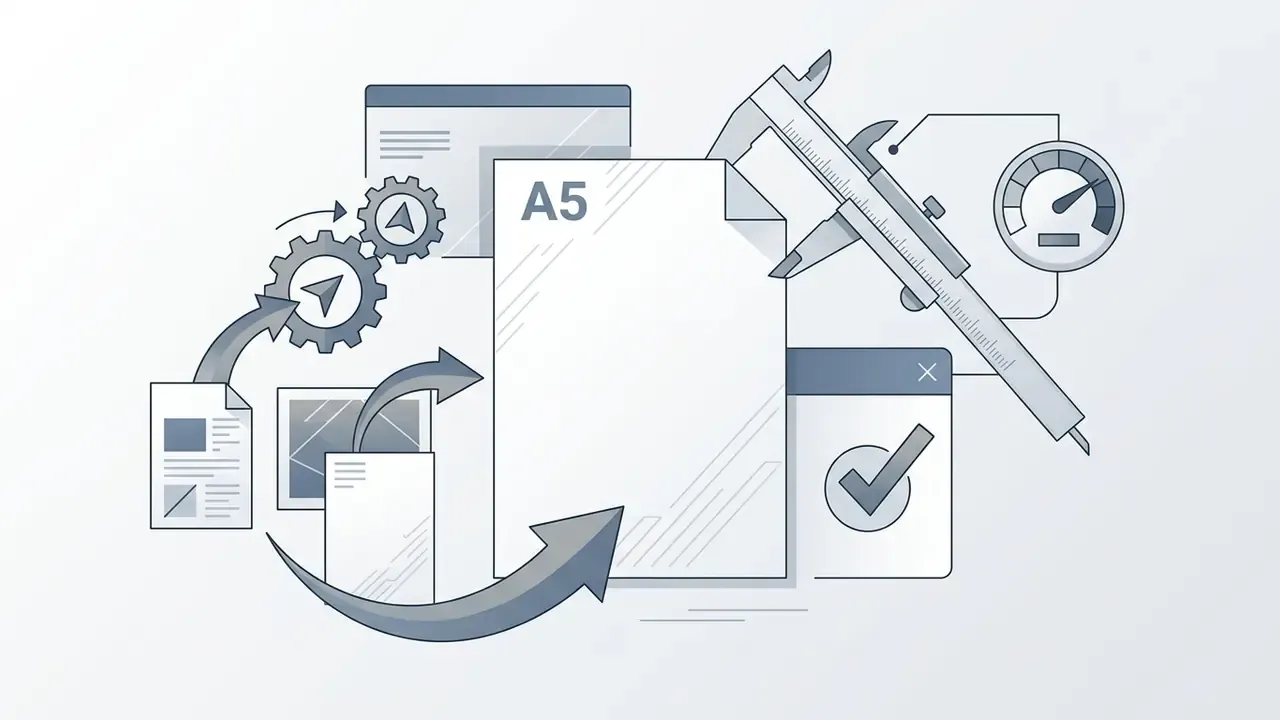 A5 paper icon surrounded by gears, a caliper, a gauge, and document windows representing precise measurement