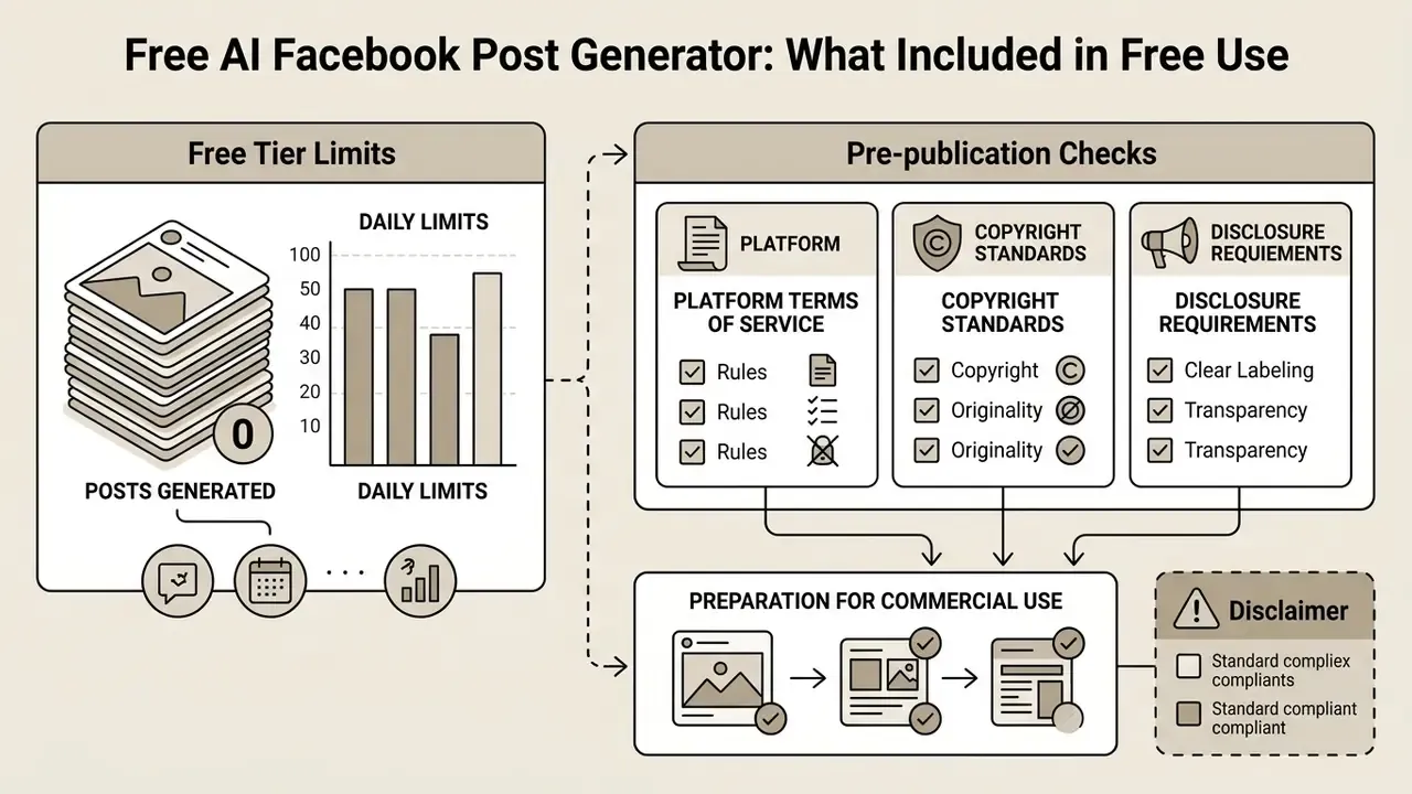Diagram showing free tier limits, pre-publication compliance checks, and commercial use preparation steps