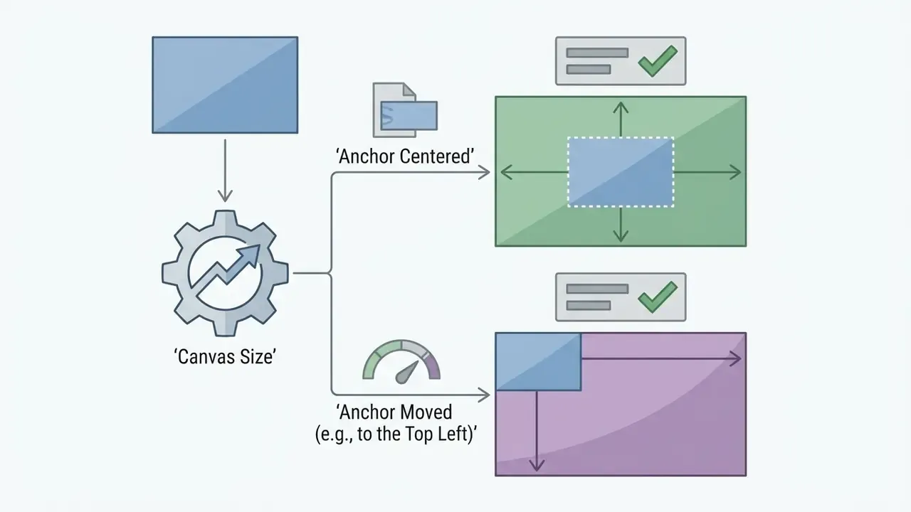 Flowchart showing how canvas size anchor settings control expansion direction for Photoshop AI images