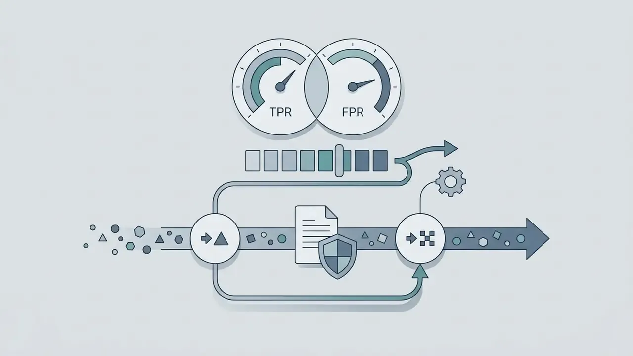 Dual gauges measuring TPR and FPR rates connected to a processing pipeline with embedding and shield icons