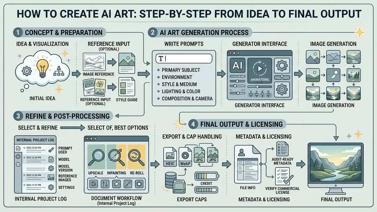 Four-stage workflow diagram showing the process from initial concept to final image output and licensing