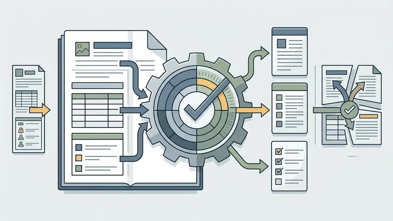 Pages feeding into a central gear and gauge mechanism that outputs unified and checked report formats