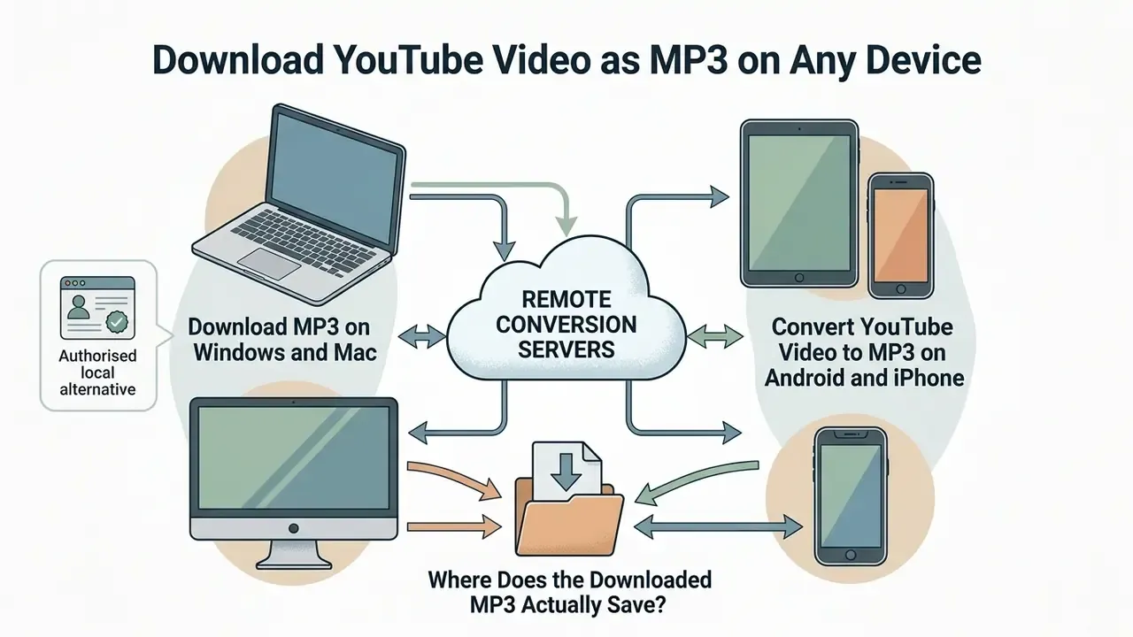 Diagram showing how remote servers process files for various computers and mobile devices
