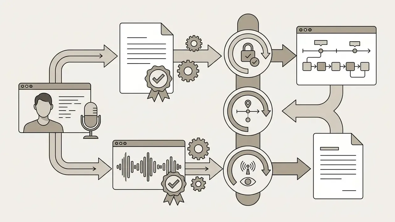 Avatar and voice data flowing through verification icons into workflow charts and legal documentation