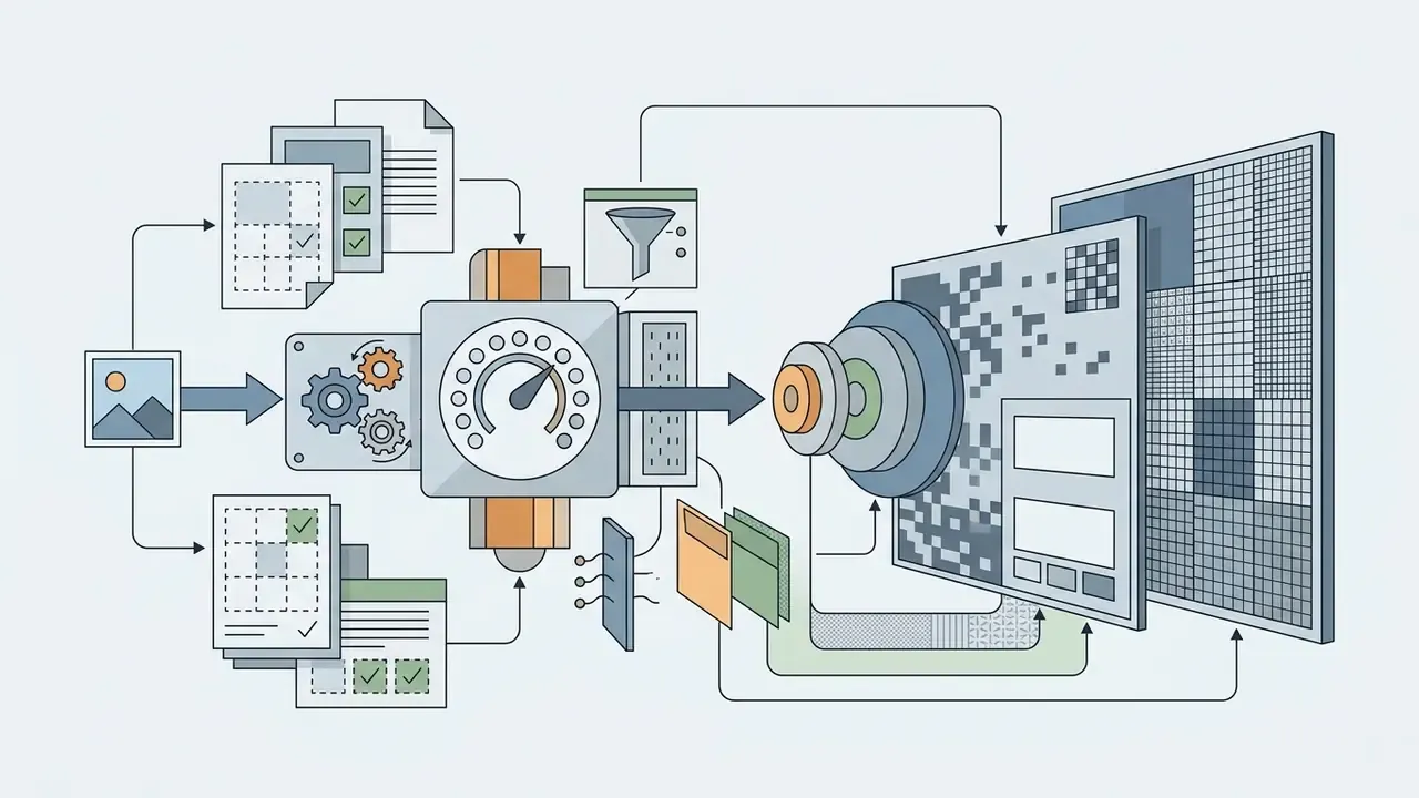 Technical process showing an image being processed through a gear and gauge system into a high resolution grid