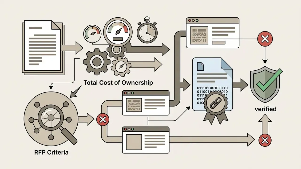 Document and search icons leading through processing steps to a verified digital provenance badge