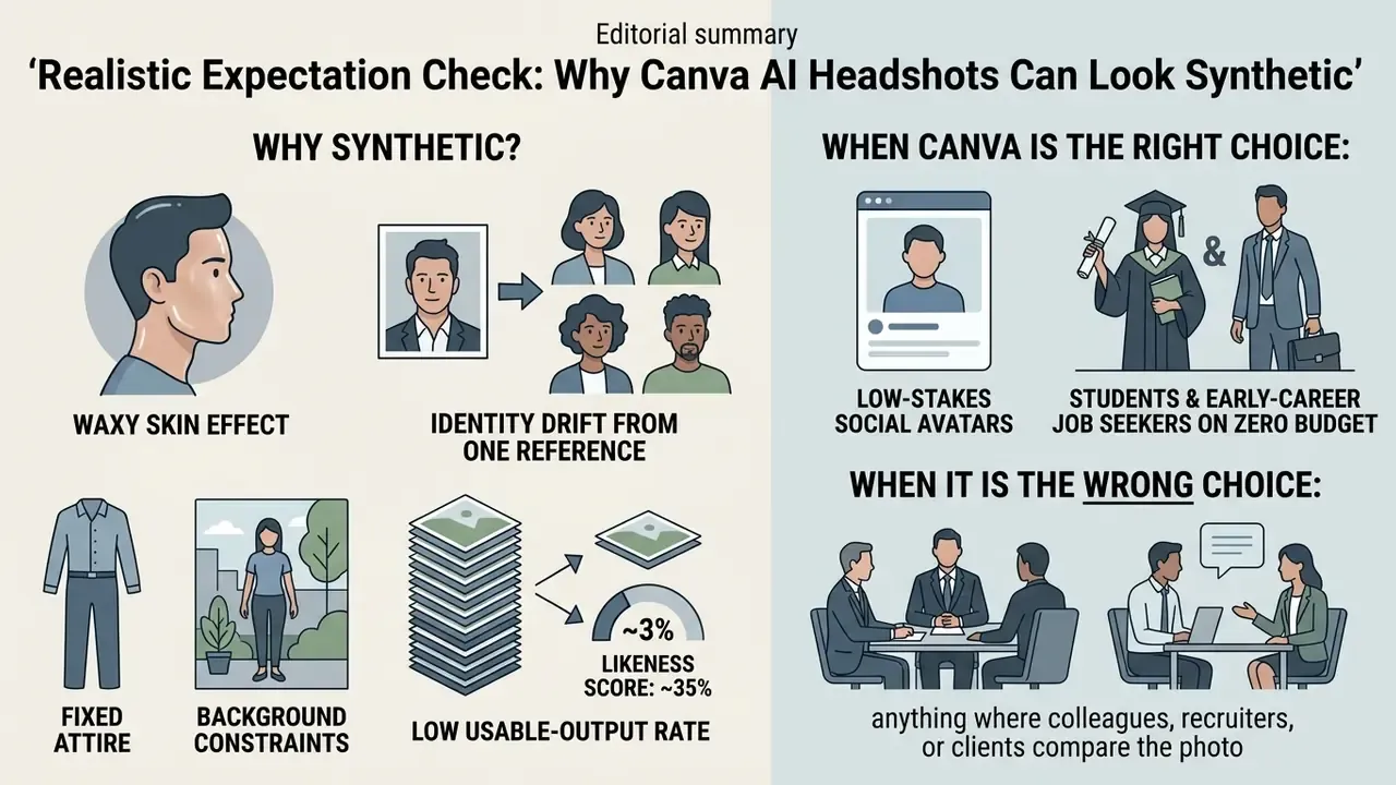 Comparison chart showing causes of synthetic portrait artifacts and appropriate use cases for AI tools