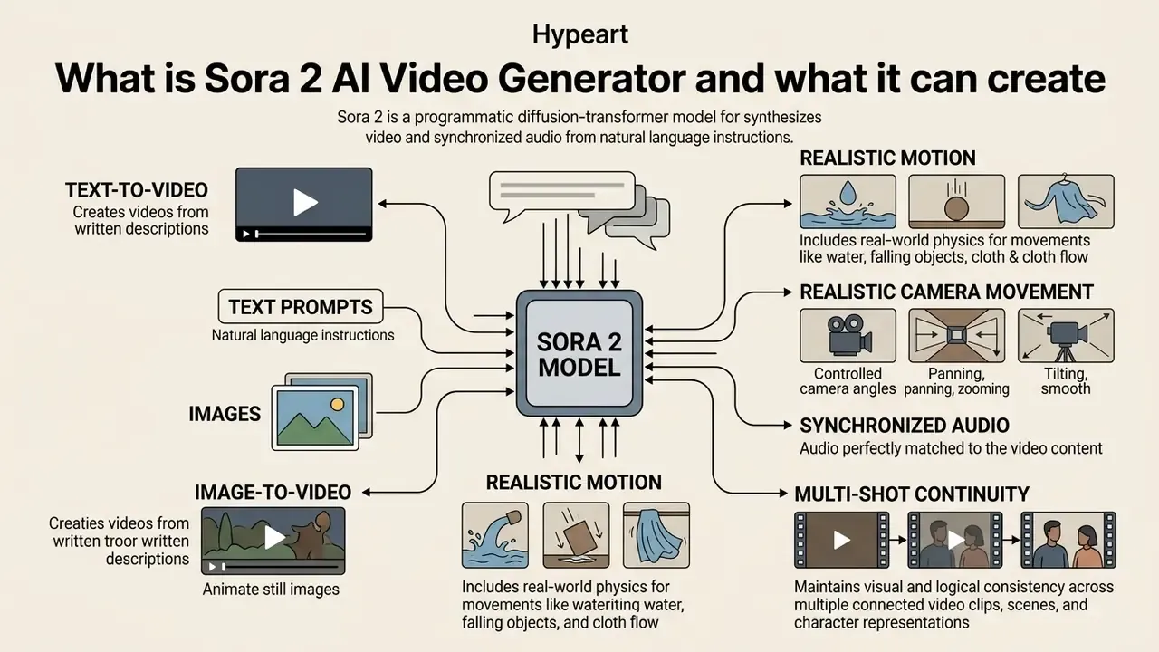 Infographic showing how the Sora 2 AI video generator processes text and images into motion and audio