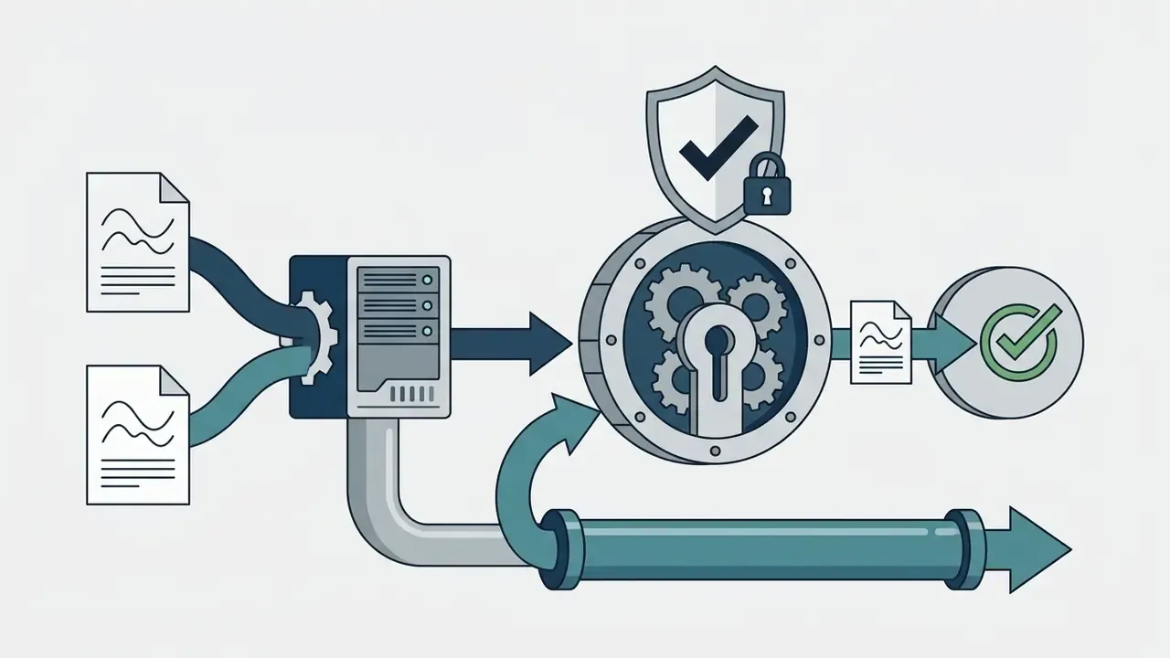 Documents flowing through a server into a locked gear mechanism that outputs validated digital files