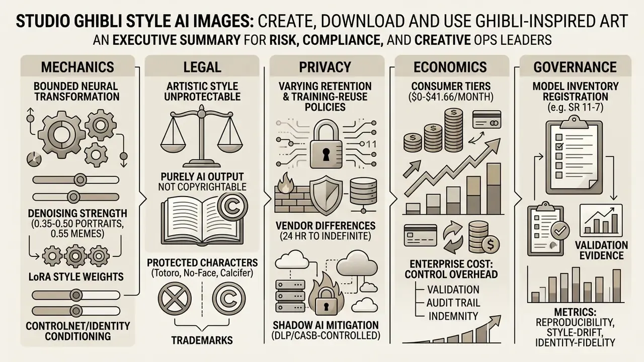 Infographic showing five pillars of Studio Ghibli style AI images including mechanics, legal, and governance